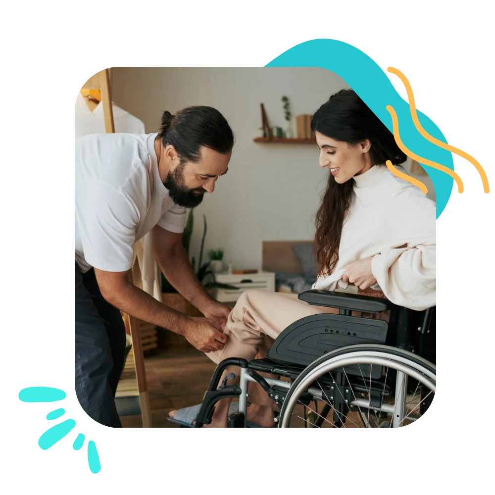 Disabled woman in wheelchair receiving assistance to get ready
