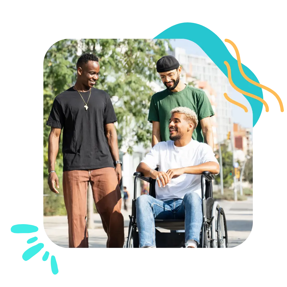 Disabled man in wheelchair with two friends